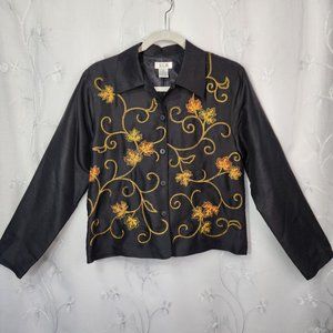 Vintage Black Silk Long Sleeve Blouse. Leaf &Vine Embroidery. Medium.